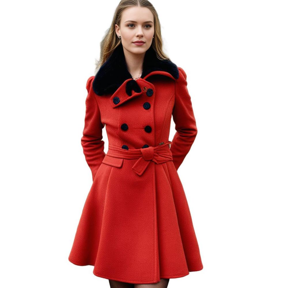 Women's Elegant Winter Trench Coat with Faux Fur Collar, Double-Breasted, Flared Hem – Fashion Warm Overcoat