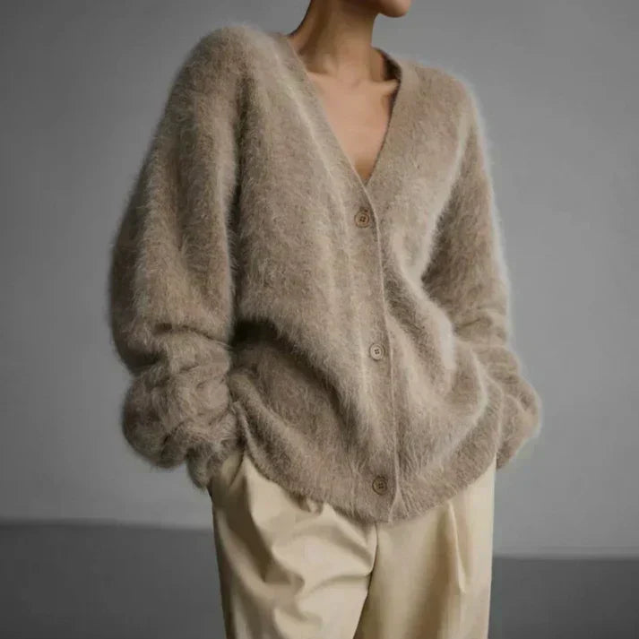 Women's Elegant Loose-Fit Fluffy Knit Cardigan Sweater for Everyday Comfort and Style