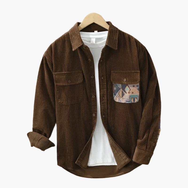 Men's Classic Casual Ribbed Shirt with Patch Pocket – Vintage Style Button-Up Top