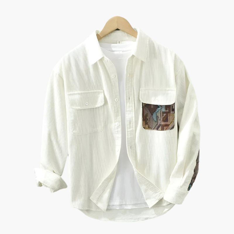 Men's Classic Casual Ribbed Shirt with Patch Pocket – Vintage Style Button-Up Top