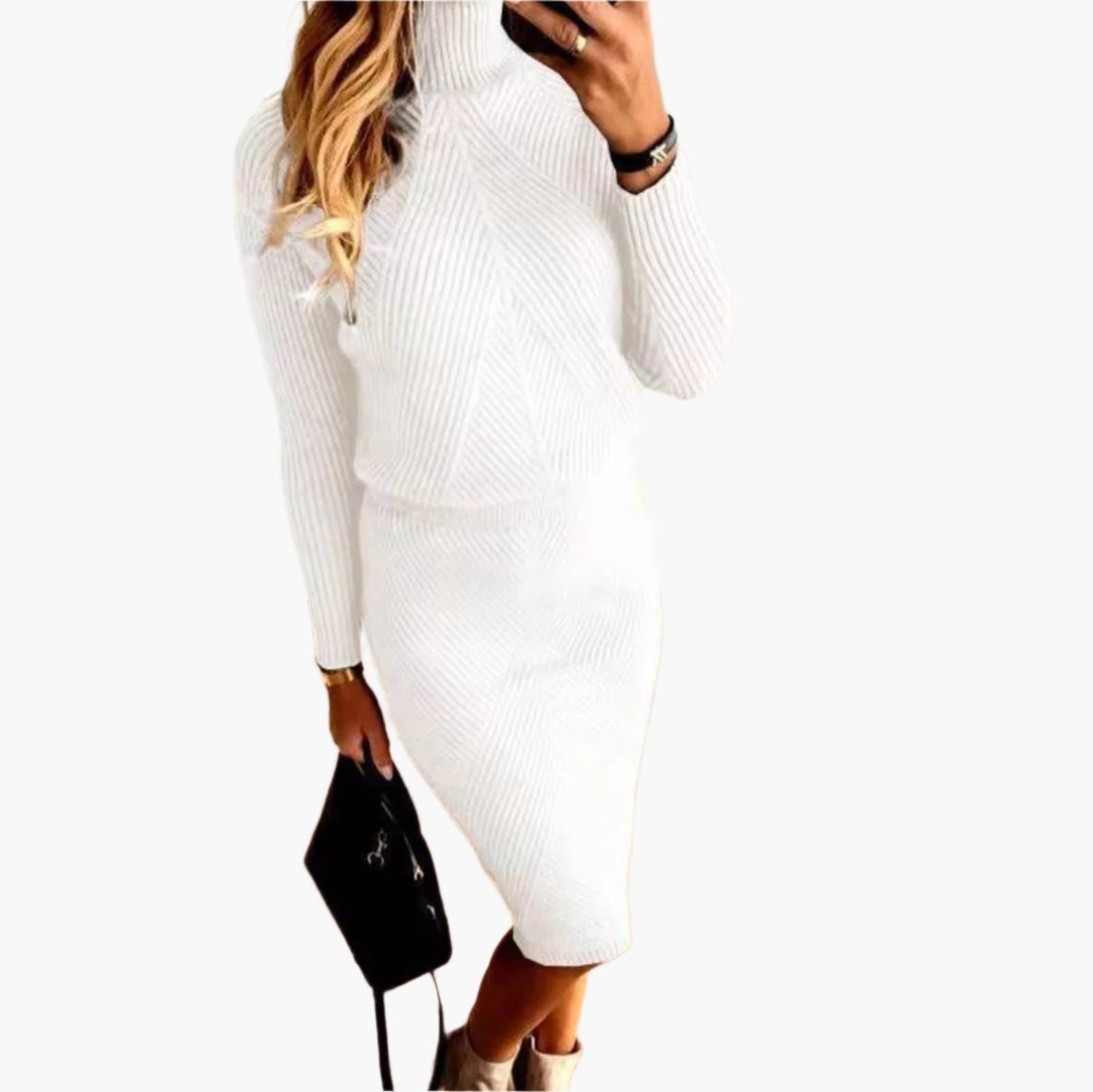 Women's Ribbed Knit Turtleneck Sweater Skirt Set – Elegant Casual Two Piece Outfit