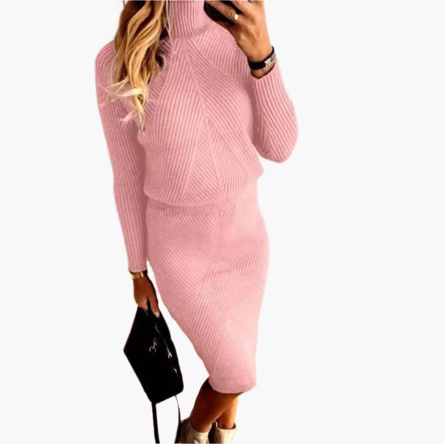 Women's Ribbed Knit Turtleneck Sweater Skirt Set – Elegant Casual Two Piece Outfit