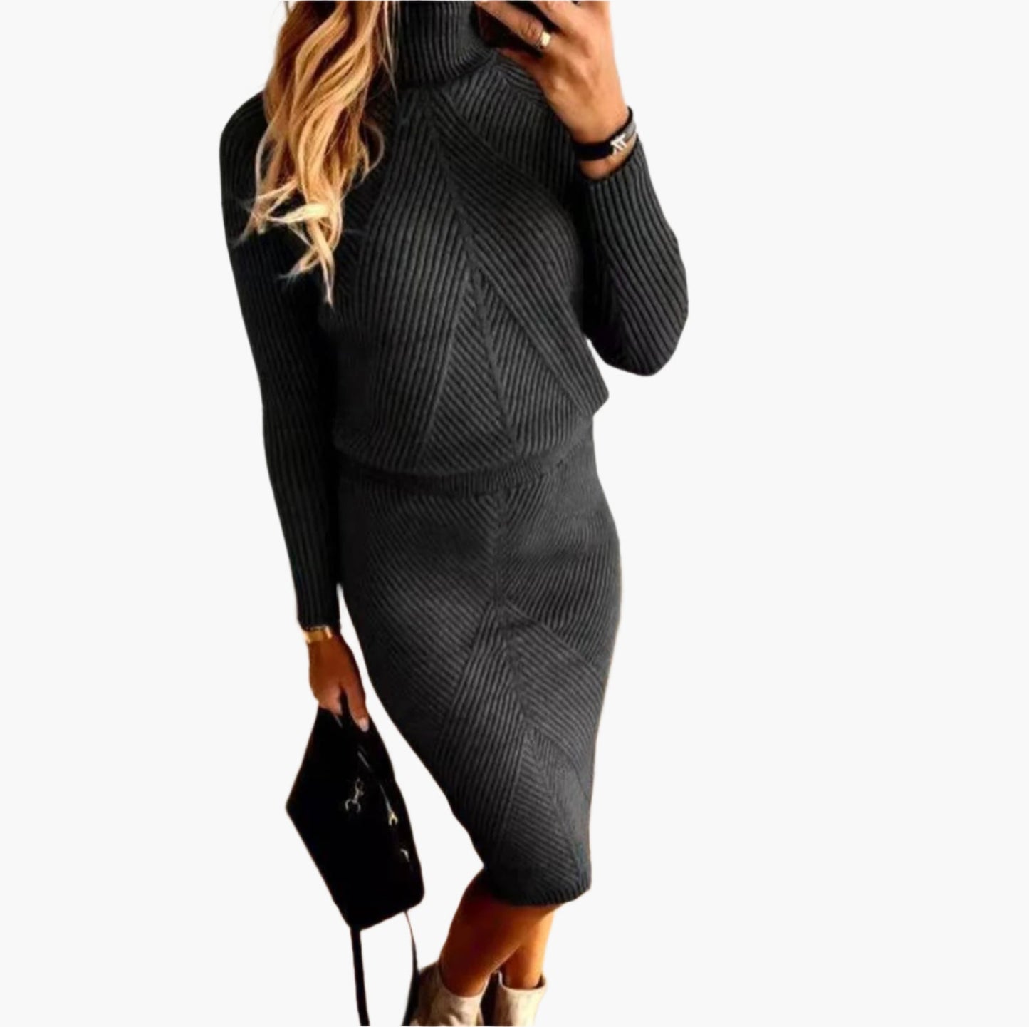 Women's Ribbed Knit Turtleneck Sweater Skirt Set – Elegant Casual Two Piece Outfit