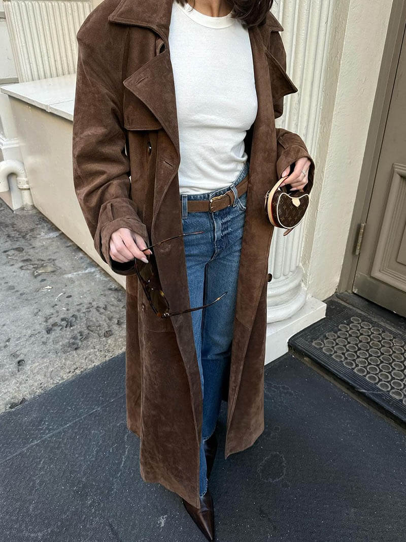 Women's Longline Double-Breasted Trench Coat Classic Elegant Outerwear