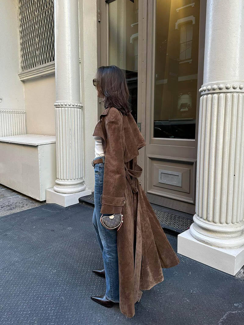 Women's Longline Double-Breasted Trench Coat Classic Elegant Outerwear