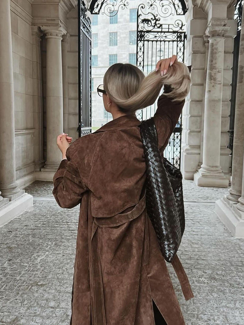 Women's Longline Double-Breasted Trench Coat Classic Elegant Outerwear