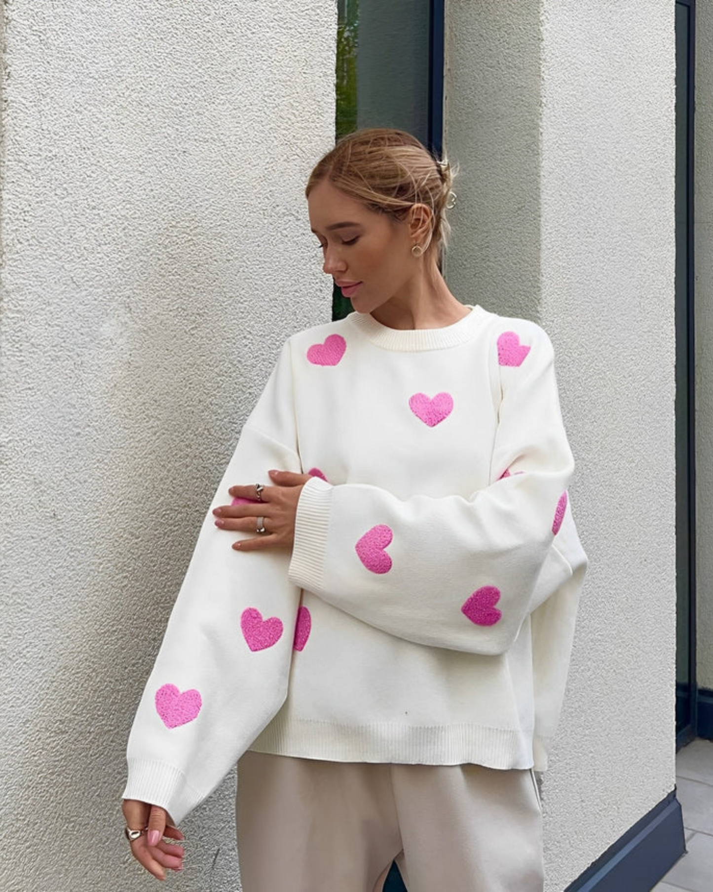 Women's Oversized Heart Print Comfy Sweater – Casual Loungewear Style