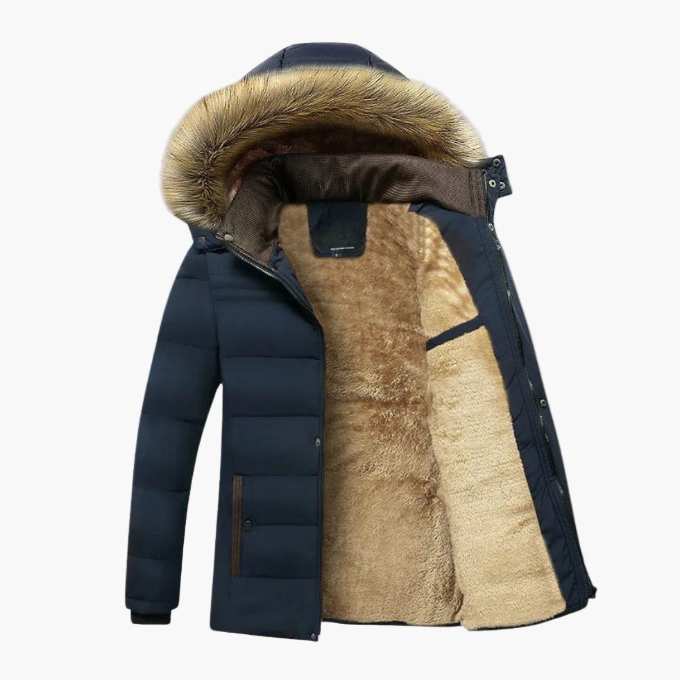 Men's Waterproof Fleece-Lined Parka Jacket with Hood and Faux Fur Trim – Winter Outdoor Style