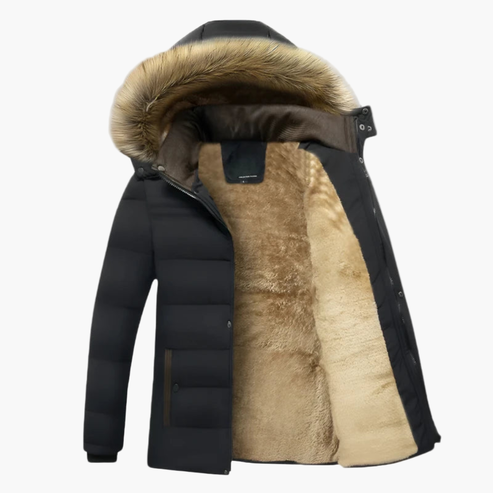 Men's Waterproof Fleece-Lined Parka Jacket with Hood and Faux Fur Trim – Winter Outdoor Style
