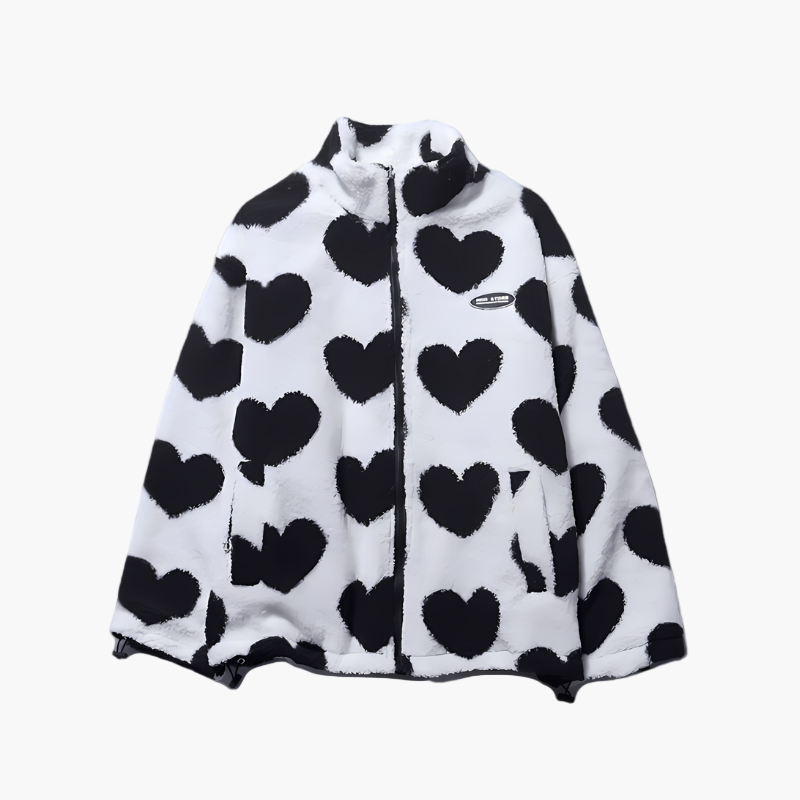 Women's Reversible Fluffy Hearts Full Zip Fleece Jacket – Casual Cozy Style for Everyday Wear