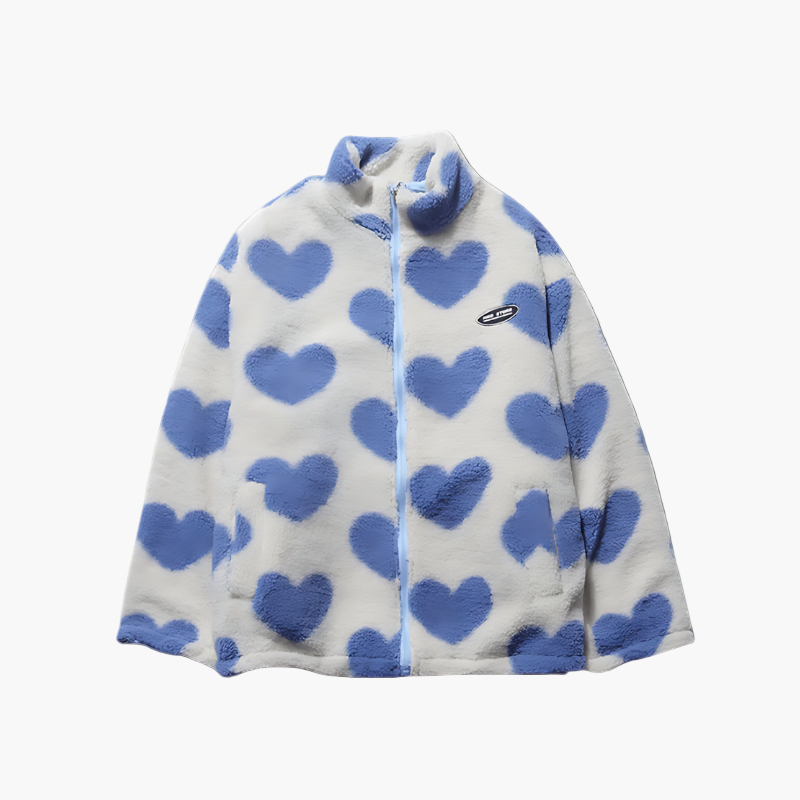 Women's Reversible Fluffy Hearts Full Zip Fleece Jacket – Casual Cozy Style for Everyday Wear