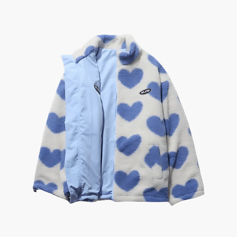 Women's Reversible Fluffy Hearts Full Zip Fleece Jacket – Casual Cozy Style for Everyday Wear