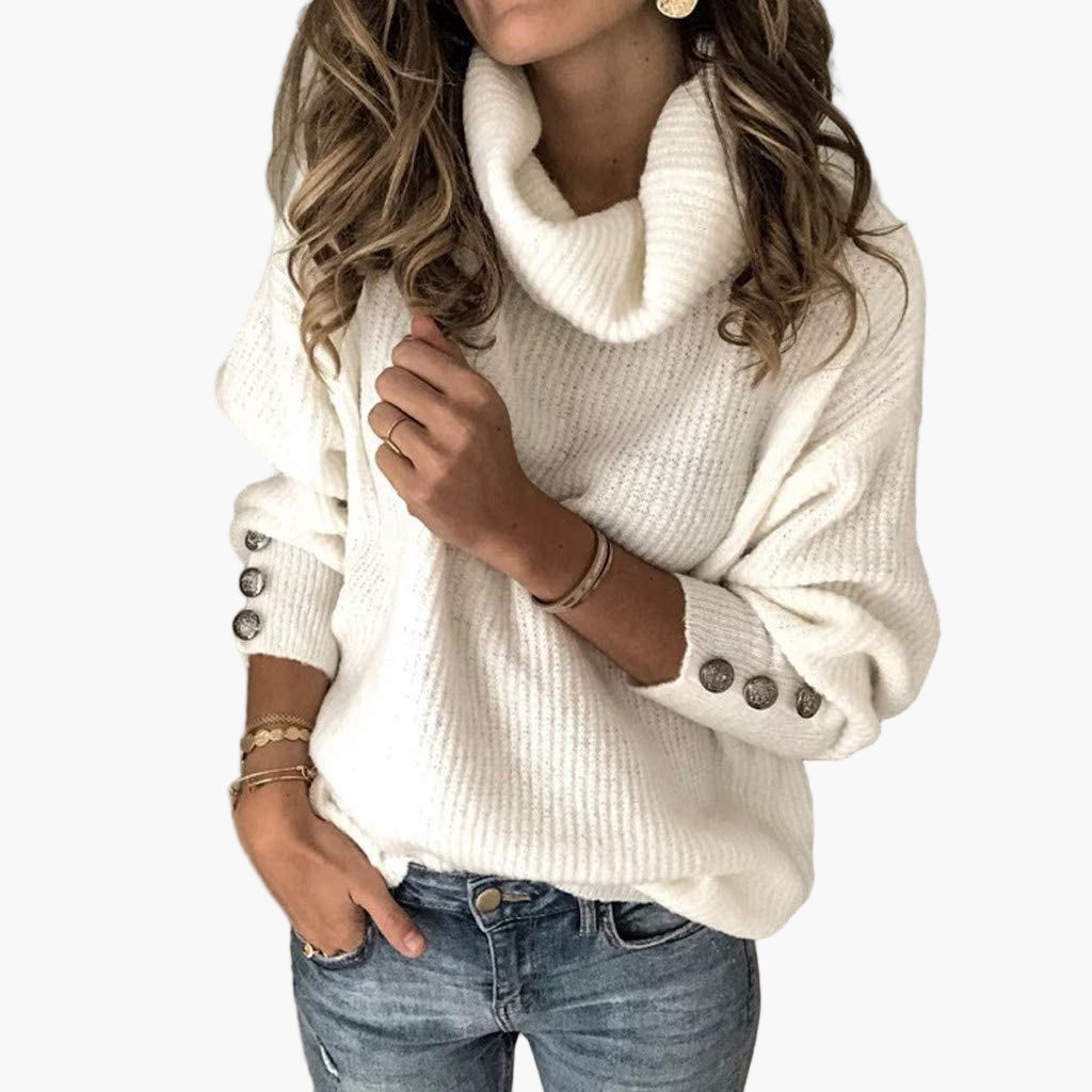 Women's Cozy Pullover Turtleneck Sweater with Button Sleeve Detail – Casual Relaxed Fit
