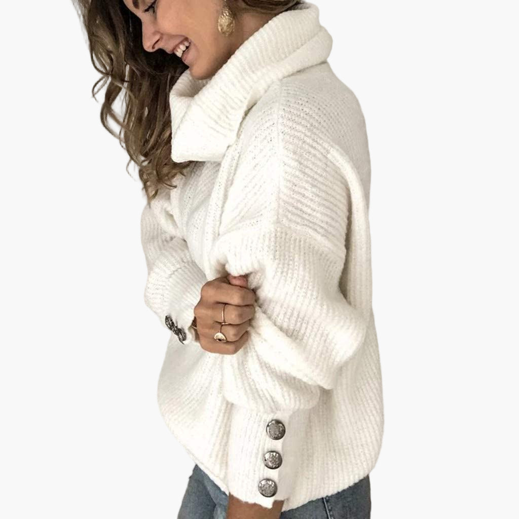 Women's Cozy Pullover Turtleneck Sweater with Button Sleeve Detail – Casual Relaxed Fit