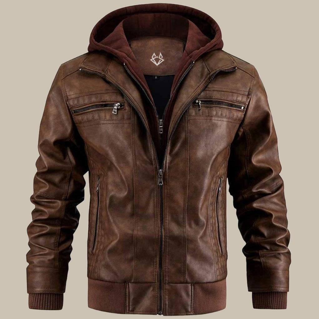 Men's Hooded Leather Jacket – Modern Biker Style for Everyday and Casual Wear