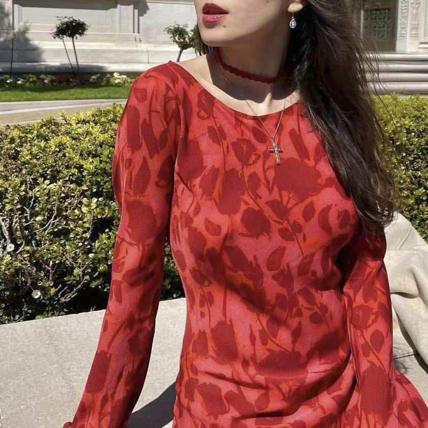 Kathleen – Long Chiffon Dress with Long Sleeves and Fitted Waist