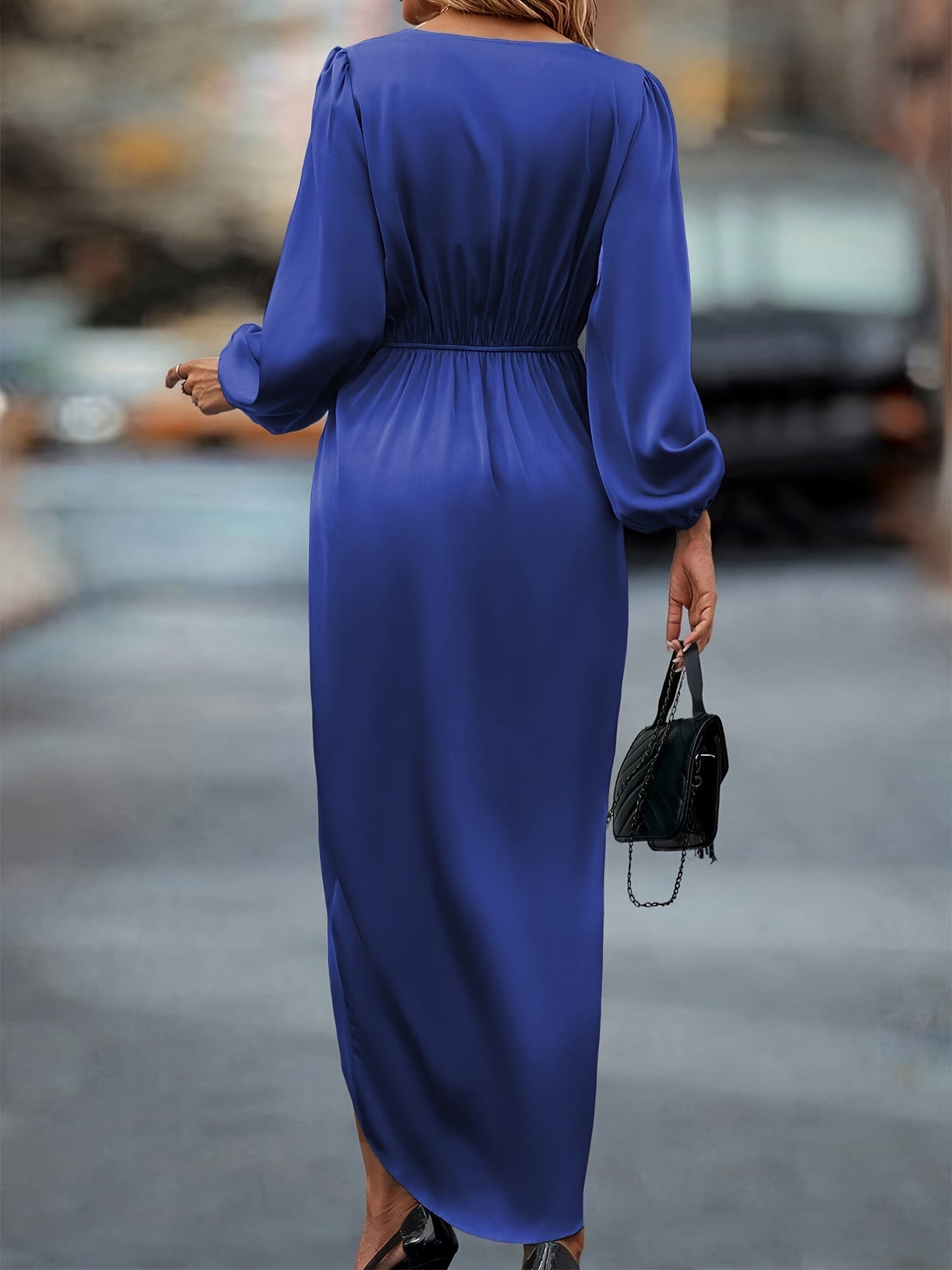 Women's Elegant Formal Wrap Surplice Neckline Ruched Midi Dress