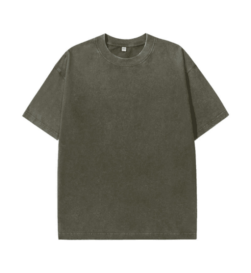 Katy – Pure Cotton Distressed T-shirt with Retro Round Neck and Short Sleeves