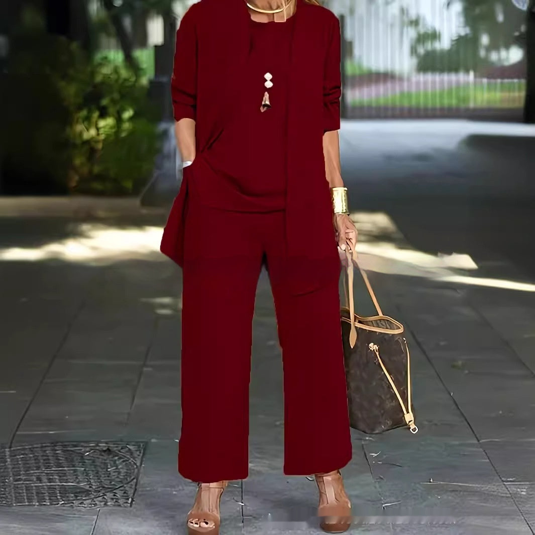 Julia – Premium Vegan Leather Split Round Neck Sleeveless Vest Top with Long Sleeve Cardigan and Wide Leg Pants Suit