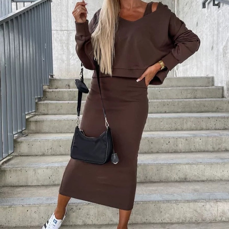 Denise – V-neck Hooded Dress with Short Top Suit
