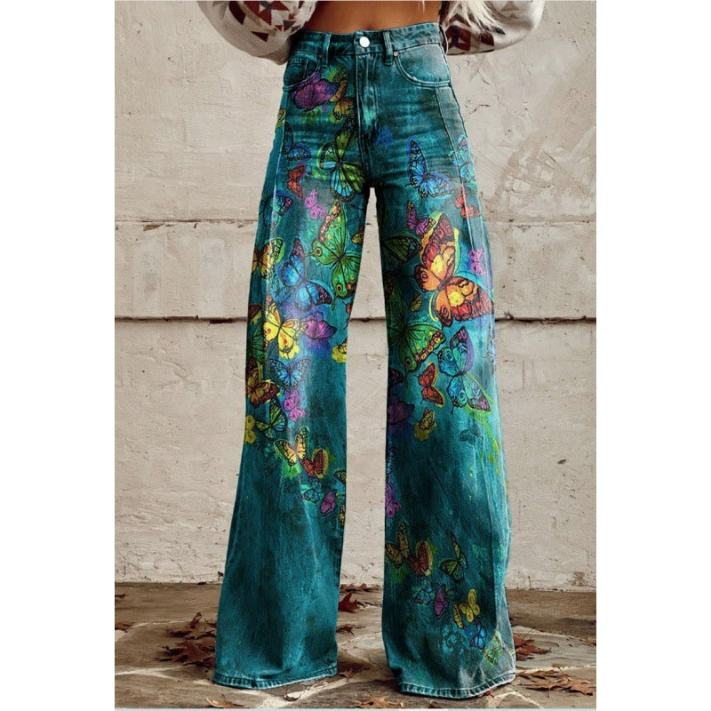 Samantha – Fashion Women's Printed High Waist Loose Thin Premium Vegan Denim Wide Leg Pants