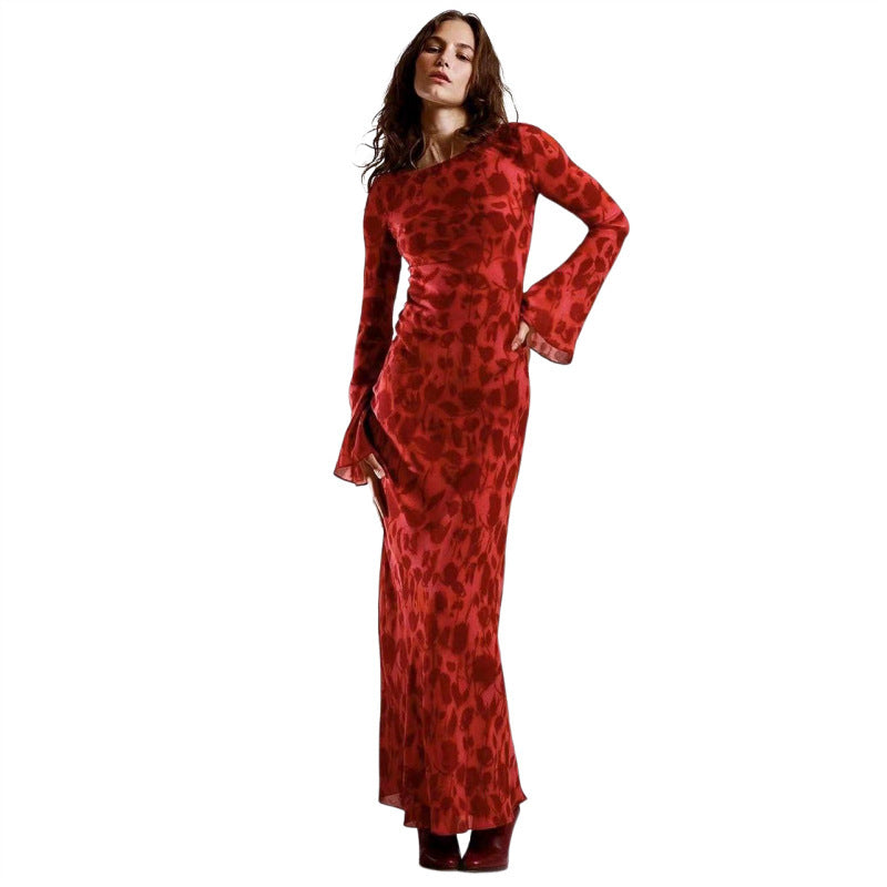 Kathleen – Long Chiffon Dress with Long Sleeves and Fitted Waist