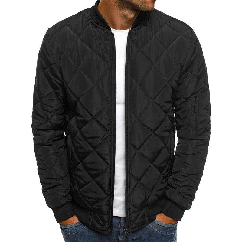 Matthew – Solid Color Winter Jacket with Stand Collar and Rhombus Design