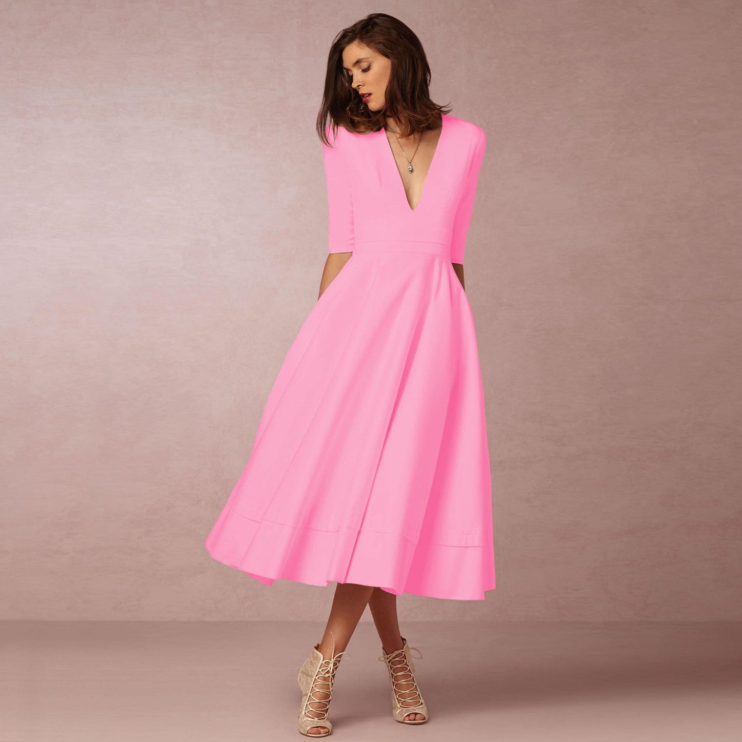 Women's Elegant V-Neck Midi Princess Dress with Sleeves for Special Occasions