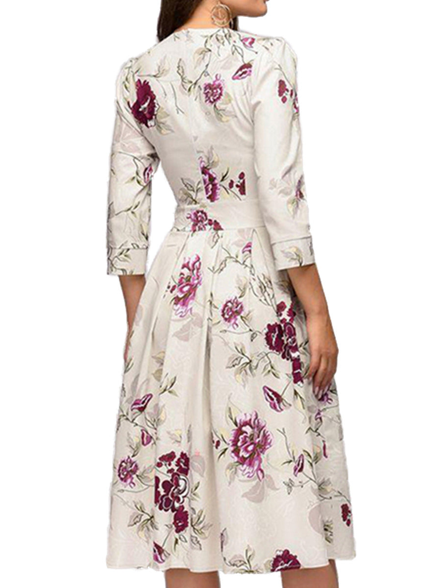 Women's Elegant Floral Print A-Line Midi Dress for Work or Special Occasions