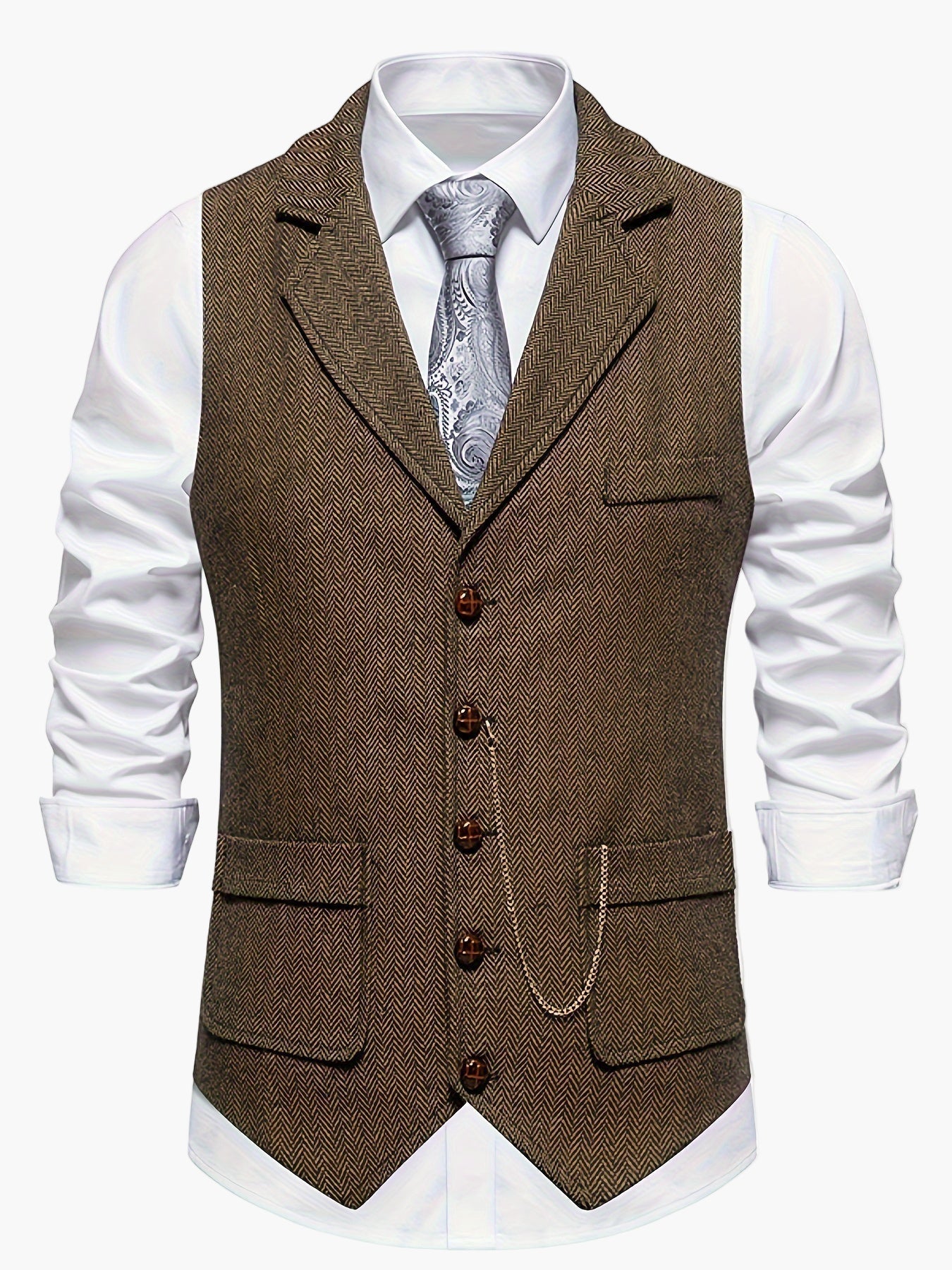 Men's Classic Herringbone Suit Vest with Lapel – Formal Business Waistcoat