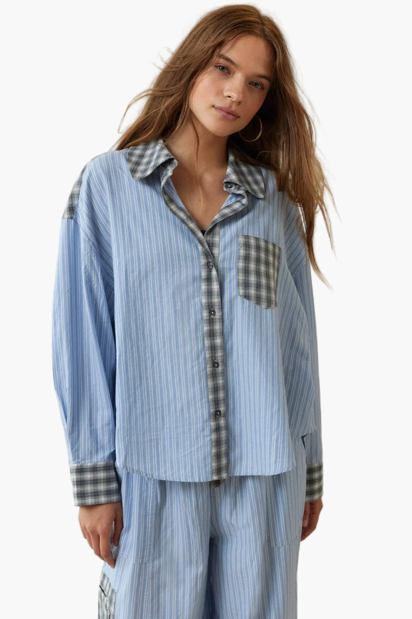 Women's Relaxed Fit Pajama Set with Striped and Plaid Accents for Cozy Loungewear and Sleepwear