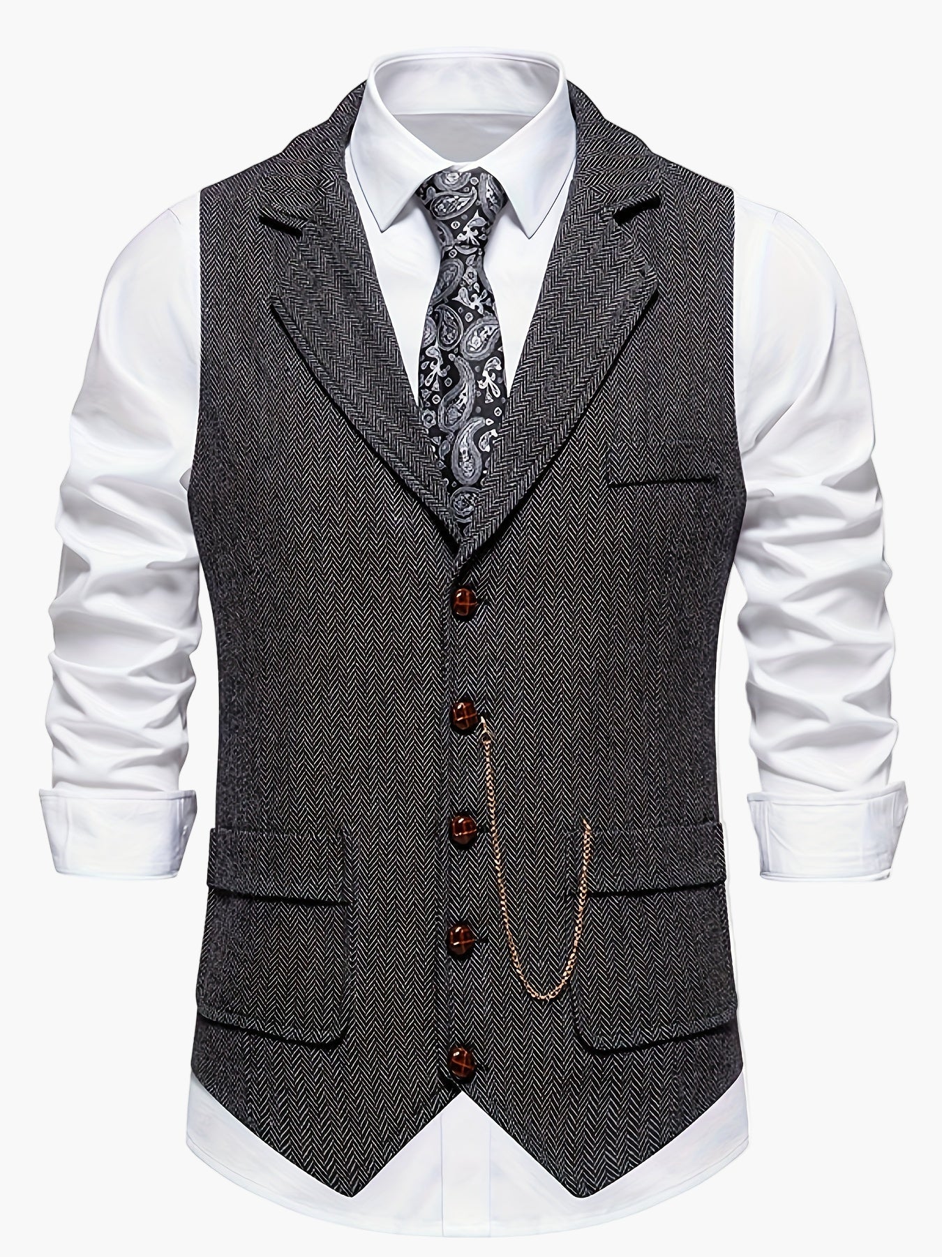 Men's Classic Herringbone Suit Vest with Lapel – Formal Business Waistcoat