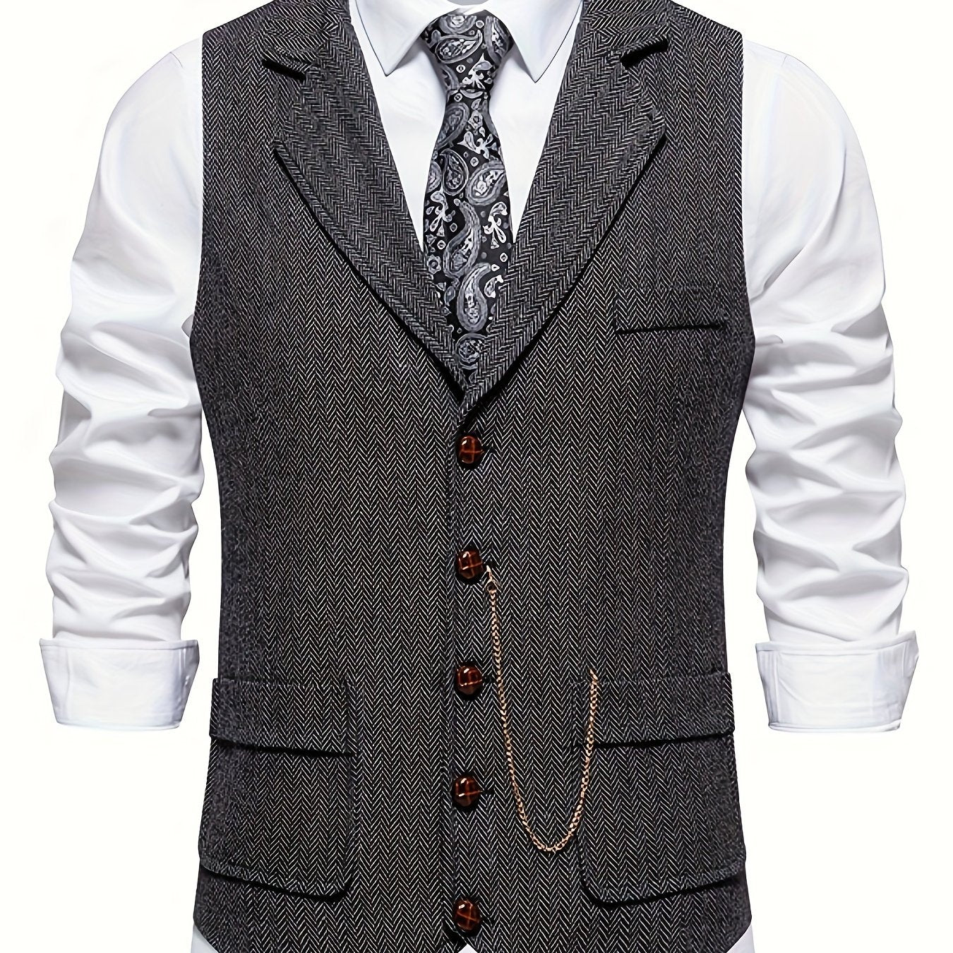 Men's Classic Herringbone Suit Vest with Lapel – Formal Business Waistcoat
