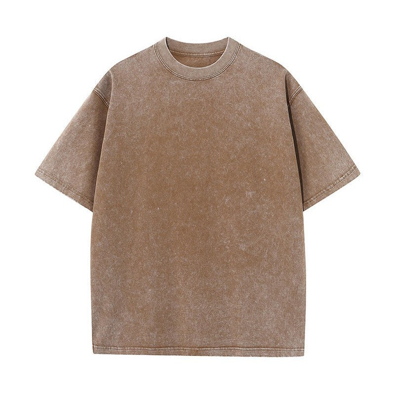 Katy – Pure Cotton Distressed T-shirt with Retro Round Neck and Short Sleeves