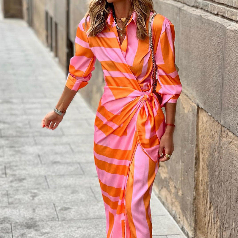 Laura – Striped Printed Dress with Lace-up Cardigan