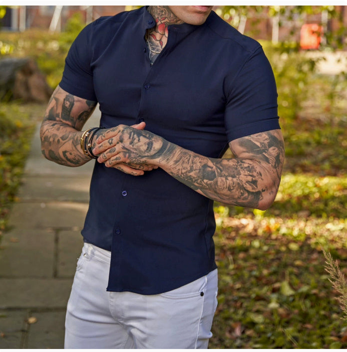 Doug – Men's Fashion Slim Solid Color Cardigan Short Sleeve Shirt