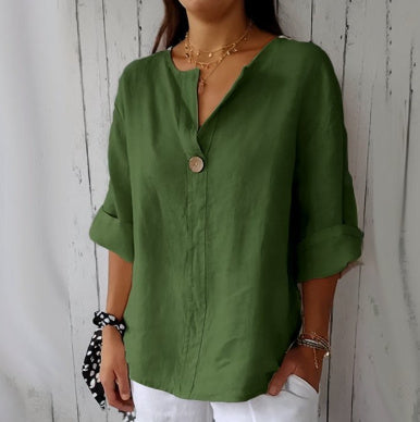 Sandra – Loose Women's V-neck Cotton and Linen Button Top
