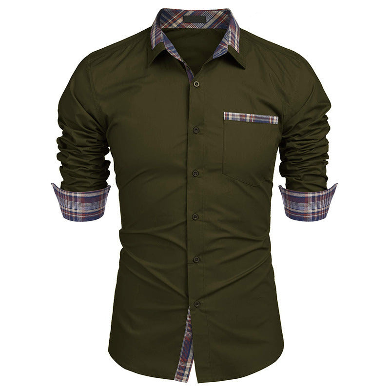 Men's Slim Fit Plaid Detail Dress Shirt, Casual Business Long Sleeve Button-Up