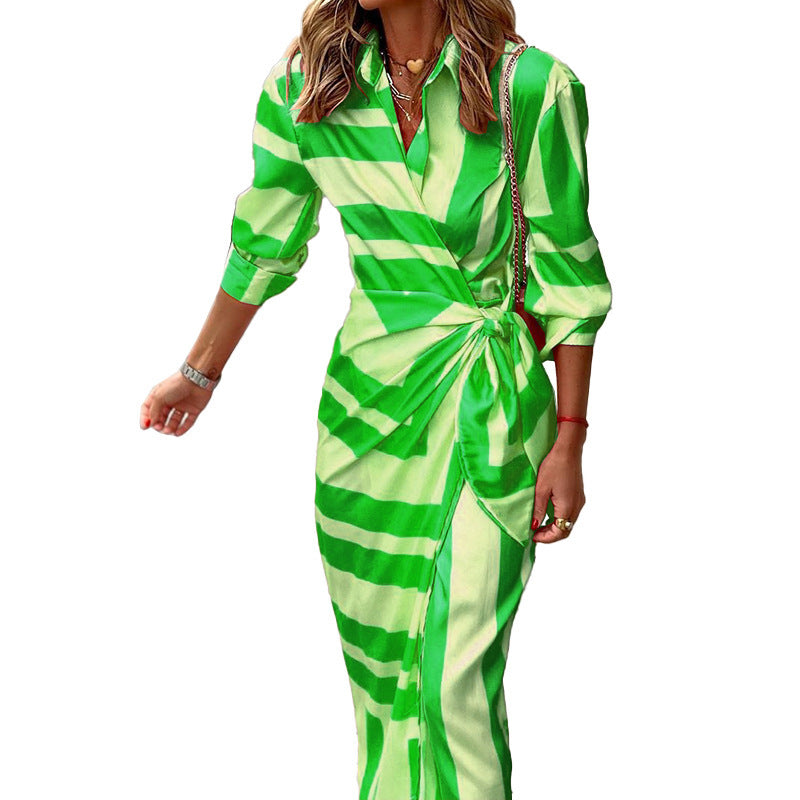 Laura – Striped Printed Dress with Lace-up Cardigan