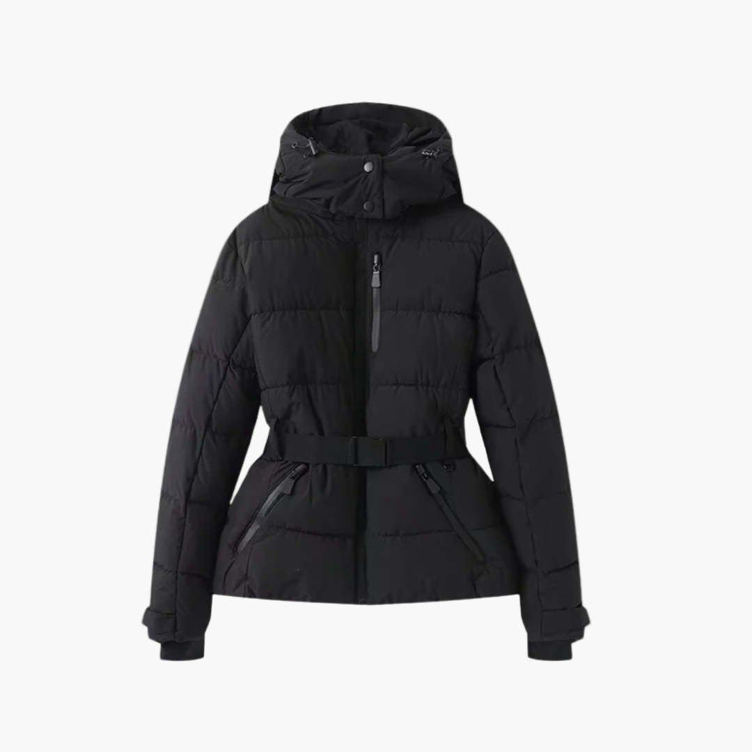 Women's Belted Hooded Fashion Puffer Jacket – Winter Water-Resistant Insulated Outerwear