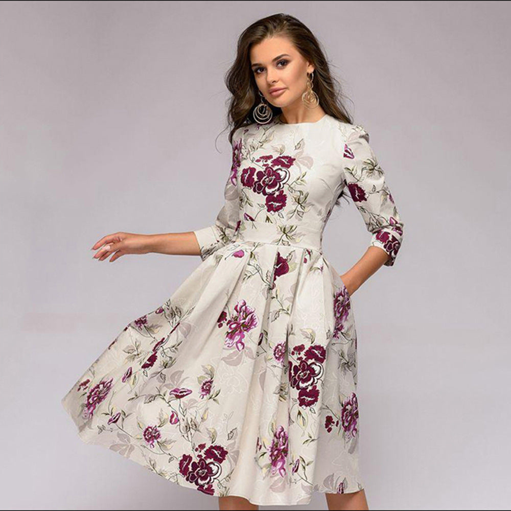 Women's Elegant Floral Print A-Line Midi Dress for Work or Special Occasions