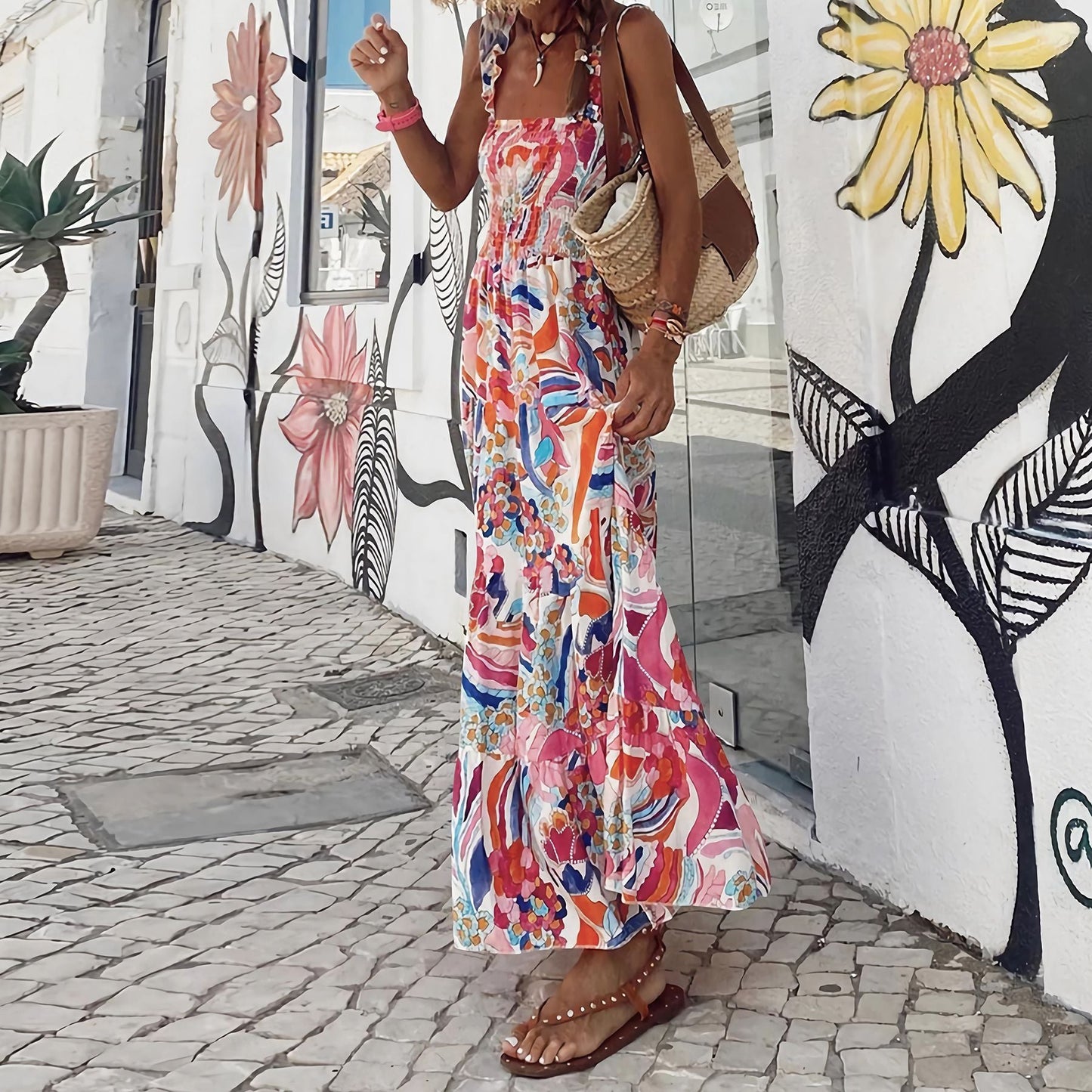 Helen – Elegant Floral Print French Strap Summer Dress