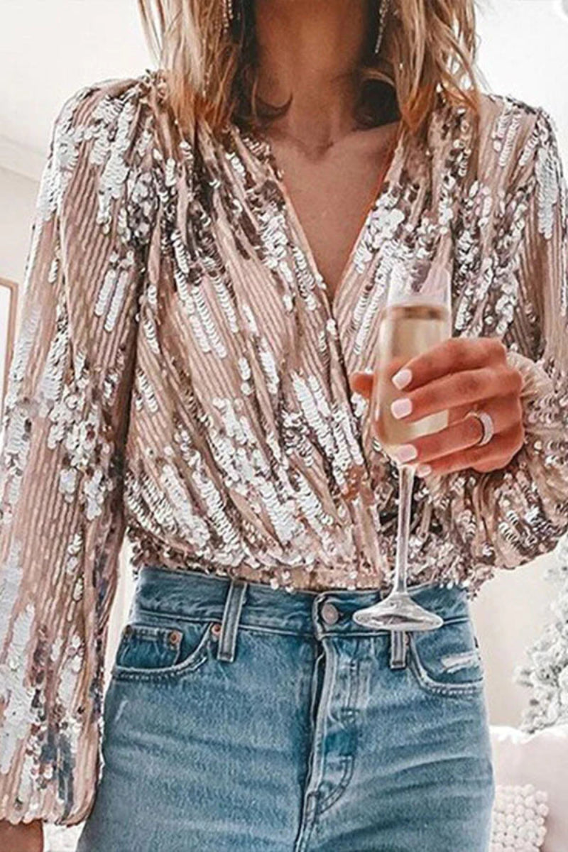 Women's Sequin Wrap Blouse Elegant Party Slim Fit Top