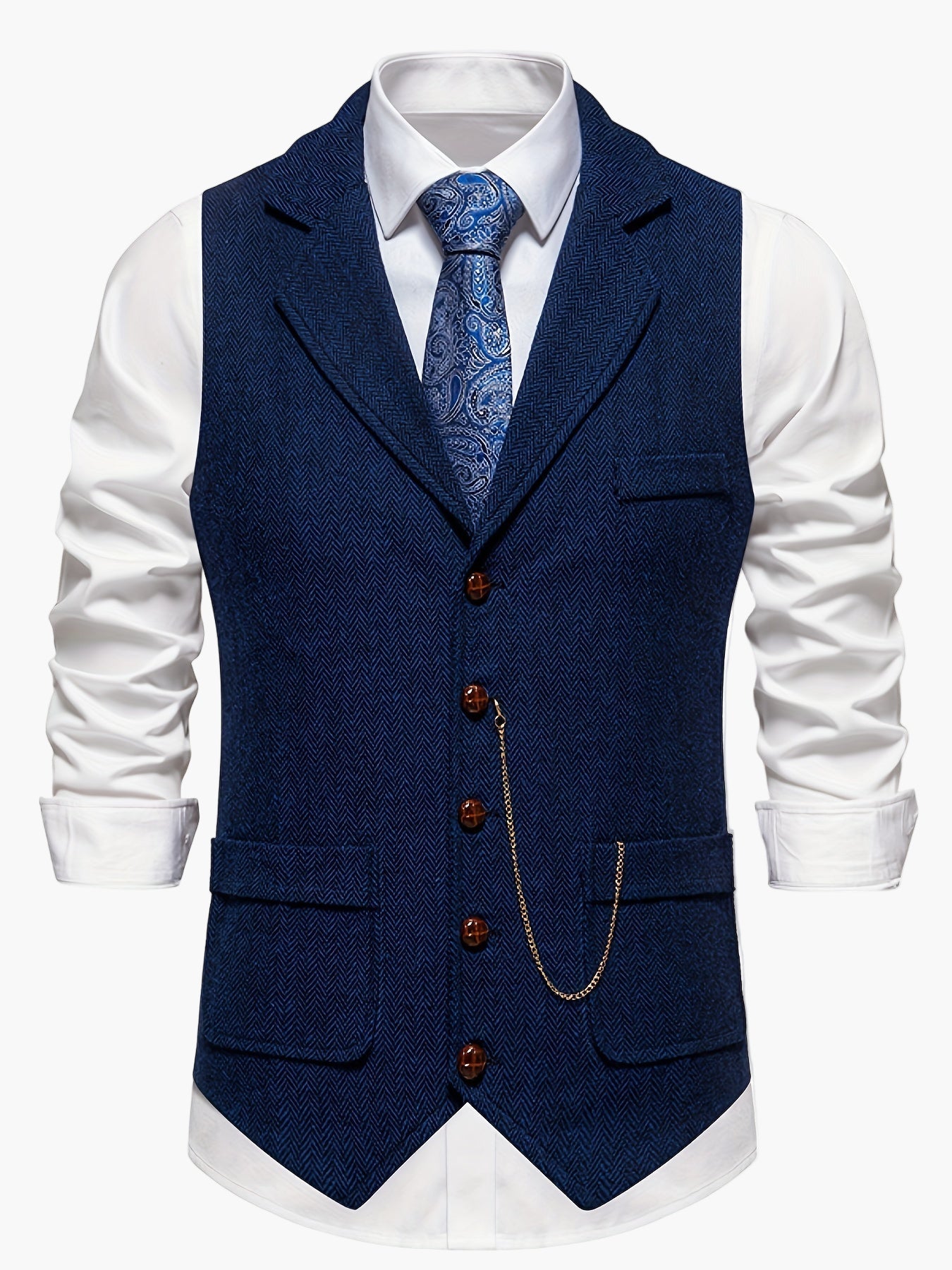 Men's Classic Herringbone Suit Vest with Lapel – Formal Business Waistcoat