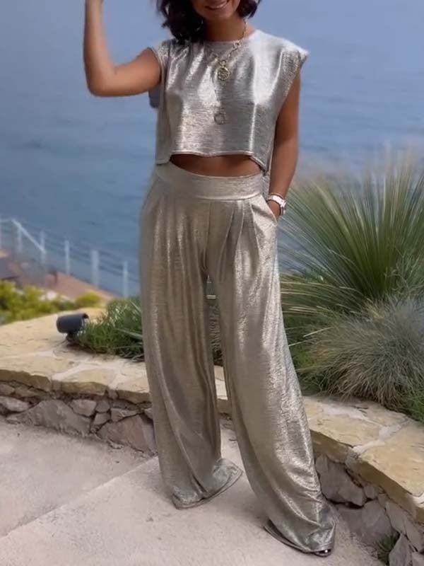 Hannah – Women's Casual Glossy Vest and Wide Leg Pants Set