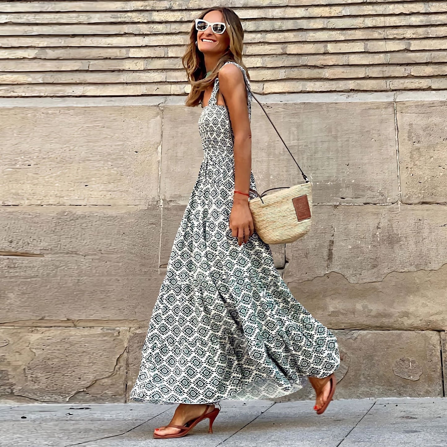 Helen – Elegant Floral Print French Strap Summer Dress