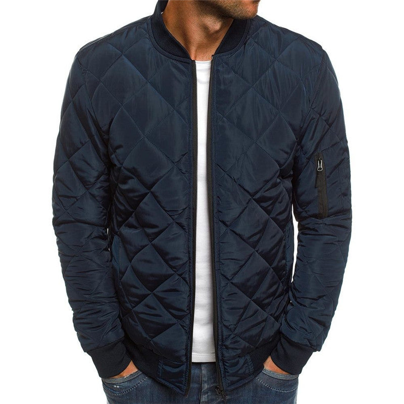 Matthew – Solid Color Winter Jacket with Stand Collar and Rhombus Design