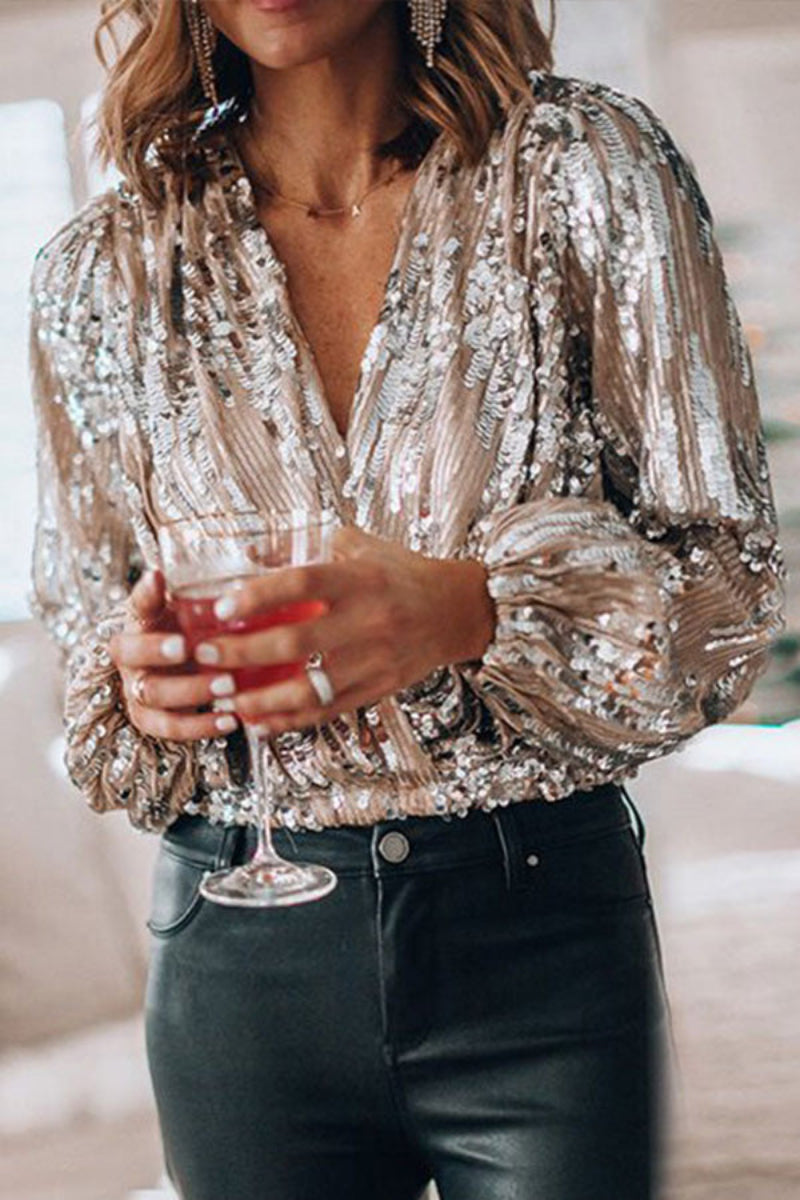 Women's Sequin Wrap Blouse Elegant Party Slim Fit Top