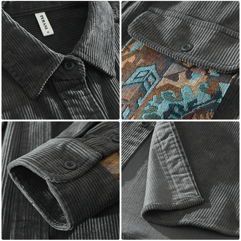 Men's Classic Casual Ribbed Shirt with Patch Pocket – Vintage Style Button-Up Top