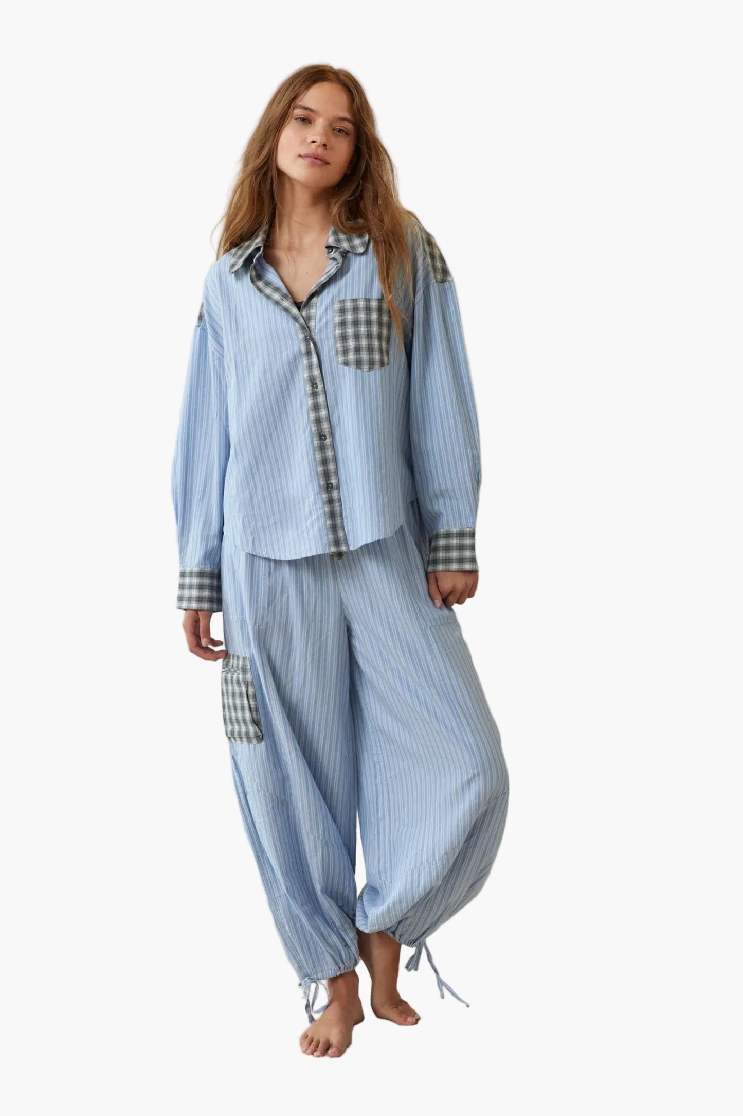 Women's Relaxed Fit Pajama Set with Striped and Plaid Accents for Cozy Loungewear and Sleepwear